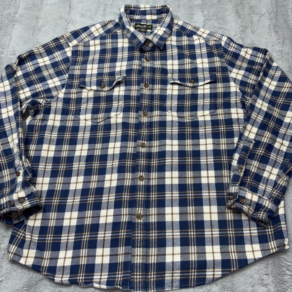 Eddie Bauer Men's Blue Brown Flannel Button Up Long Sleeve‎ Shirt XXL